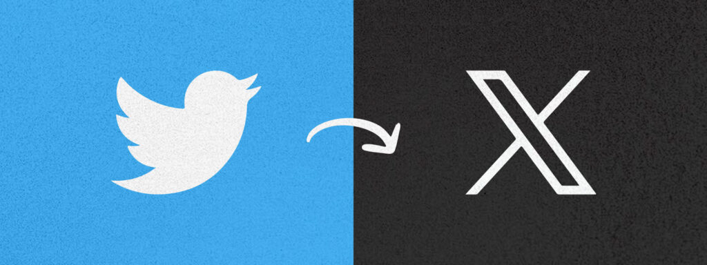 Anterior logo de Twitter, pájaro blanco en fondo azul y logo de X, con esta letra delineada en blanco y fondo negro